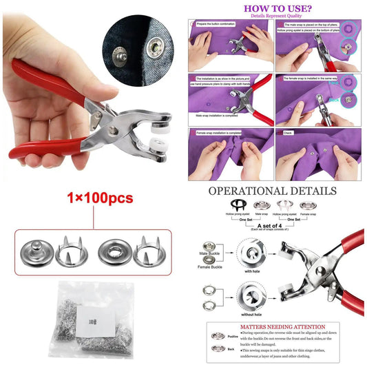 High-Quality Metal Tich Button Tool Kit with 100  Ring Buttons