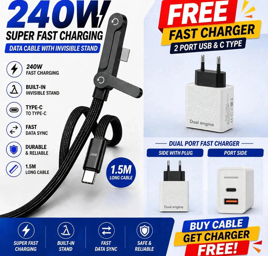 240W Fast Charging Cable with Invisible Stand + Free Fast Charger ( Dual engine )